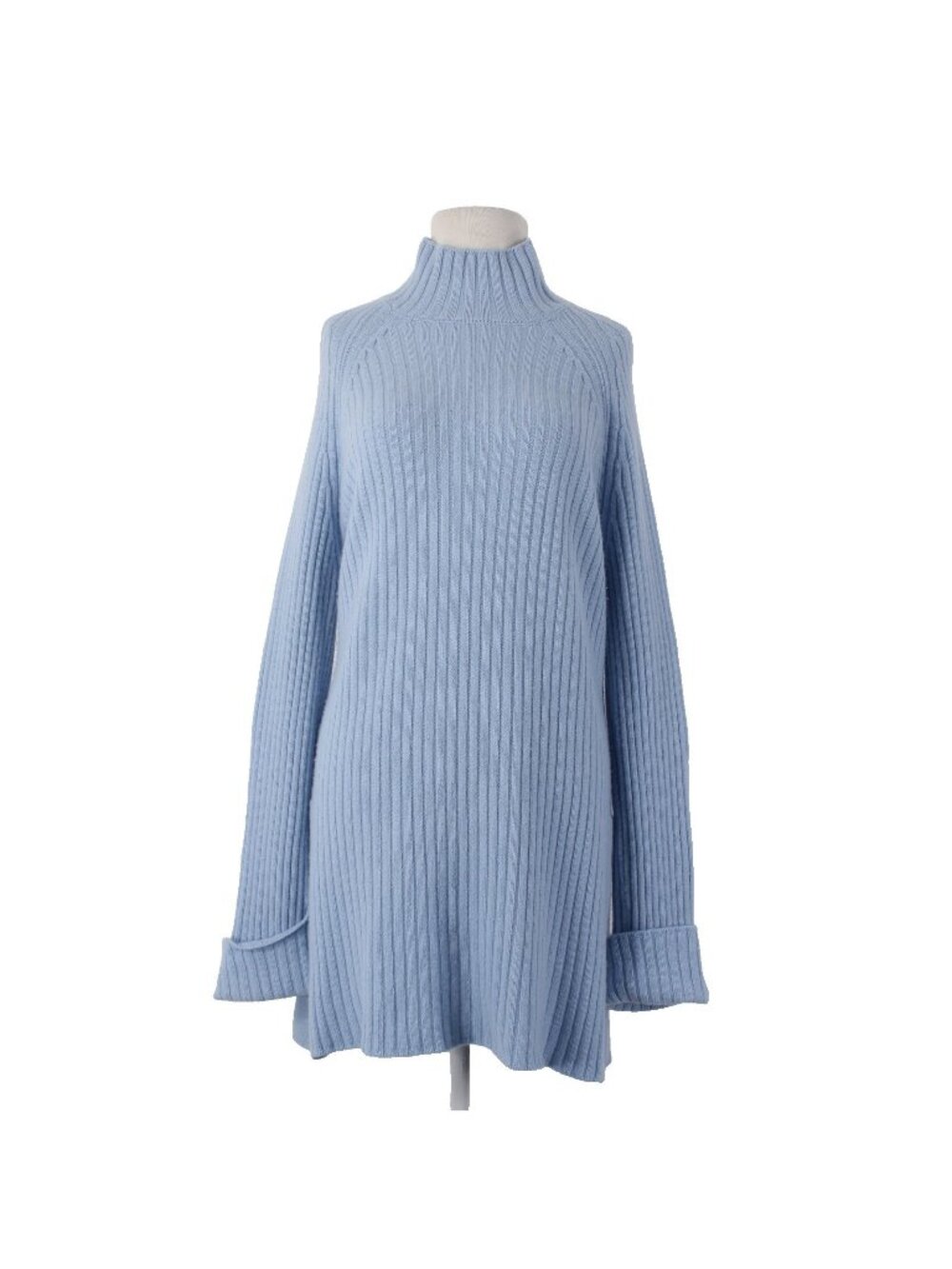 Saks Fifth Avenue Sweater Sz L Blue Turtleneck Ribbed Knit Wool Cashmere Sweater